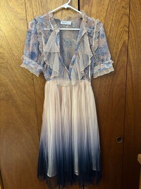 Sheer Floral & Ombre Pleated Dress - Blue and Cream